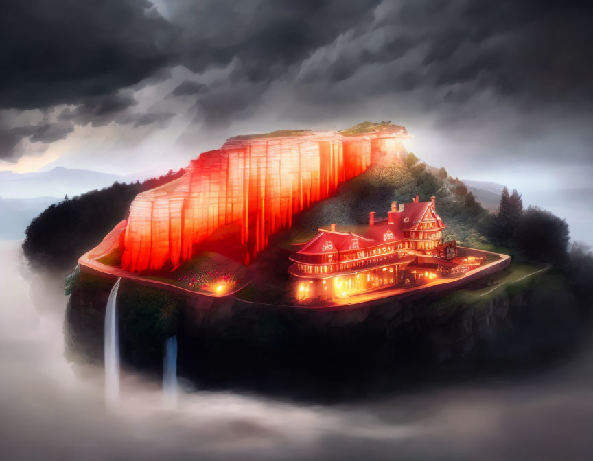 Cliffside mansion with glowing windows in stormy sky