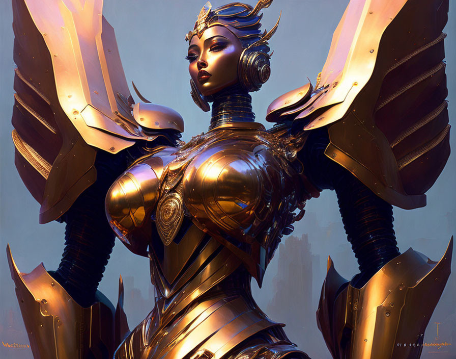 Majestic female warrior in golden armor against cloudy sky