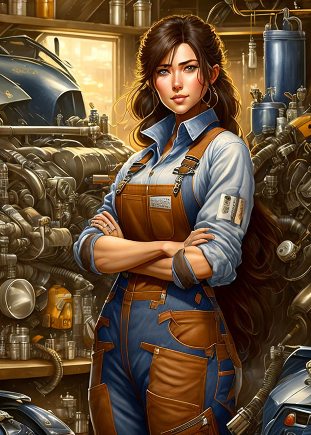 Digital illustration: Woman in blue jumpsuit in mechanical workshop