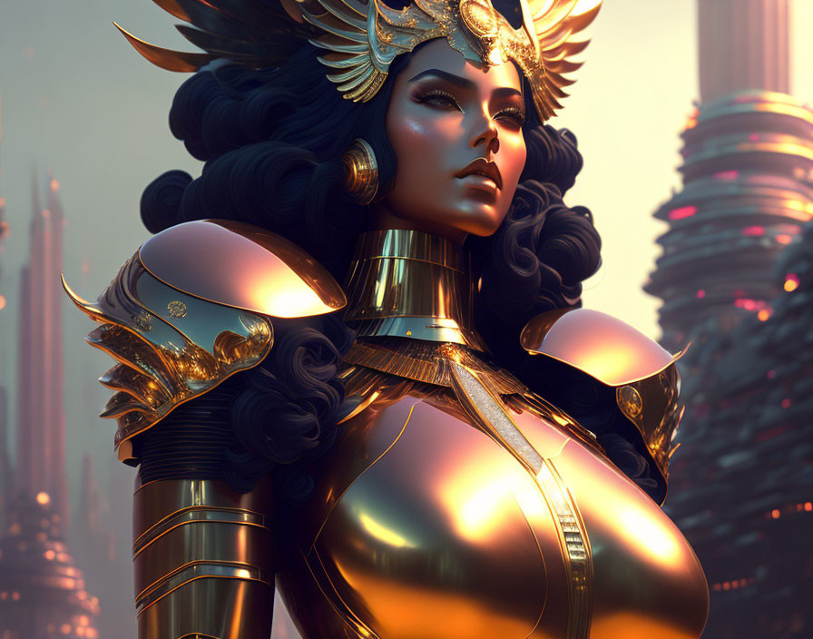 Female warrior in golden armor against futuristic cityscape