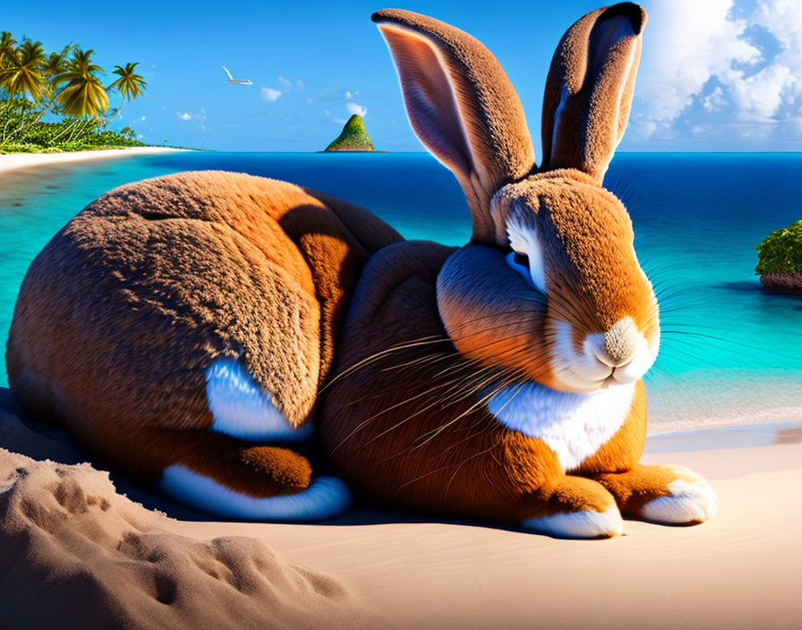 Realistic brown and white rabbit on sandy tropical beach with clear blue skies.