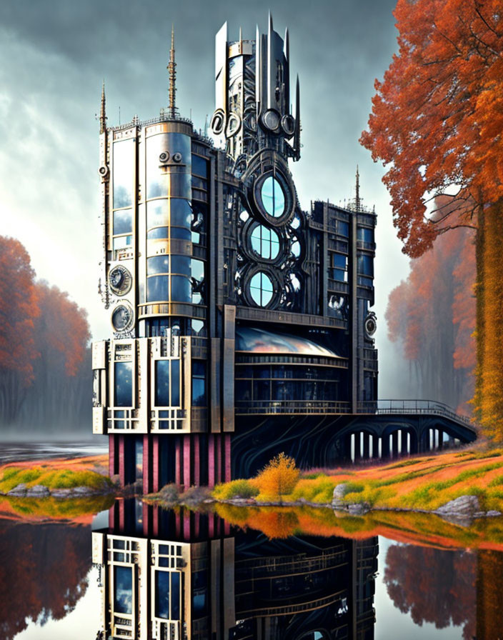 Futuristic building with intricate metalwork and circular designs by a river in autumn