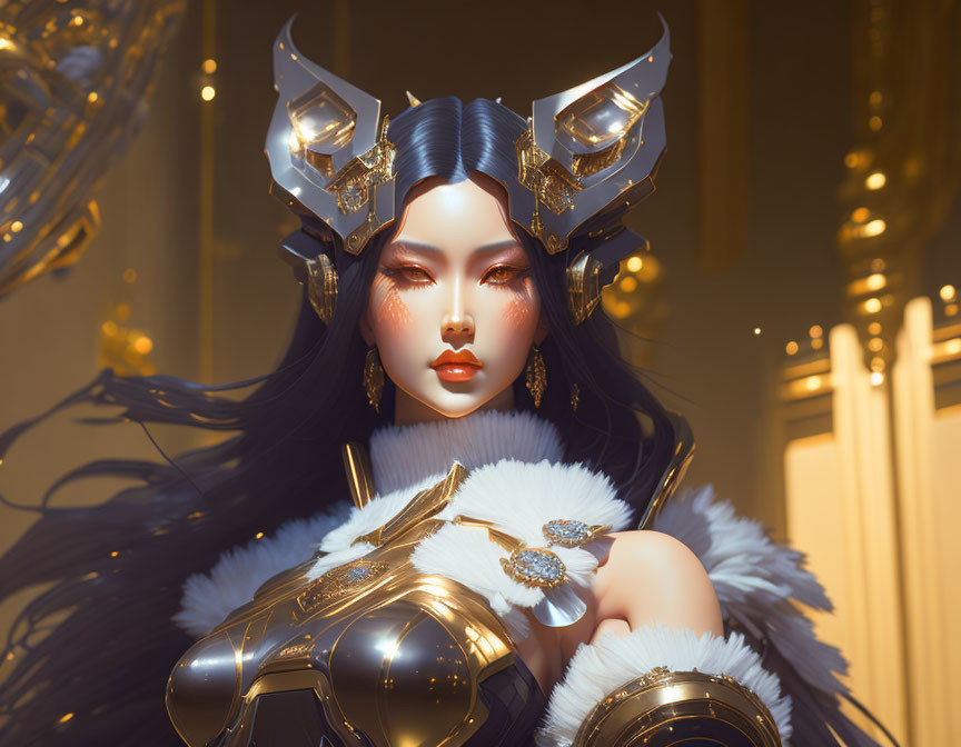 Fantasy Female Character in Gold Armor and Headdress on Golden Background