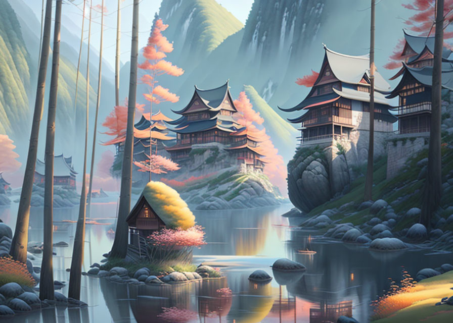 Traditional Asian buildings in serene forest setting with autumn trees, calm water, misty mountains.