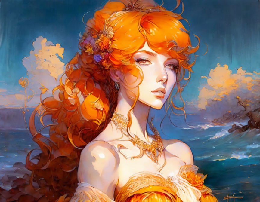 Colorful illustration of woman with orange hair and flowers in golden attire by ocean waves