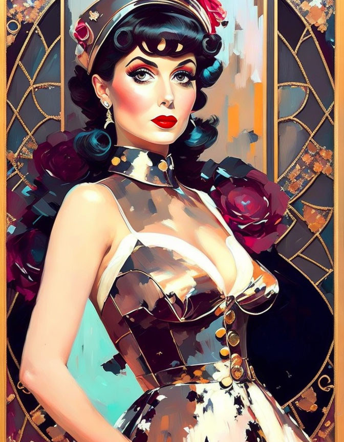 Colorful Illustration of Stylized Woman in Vintage Corset on Ornate Background