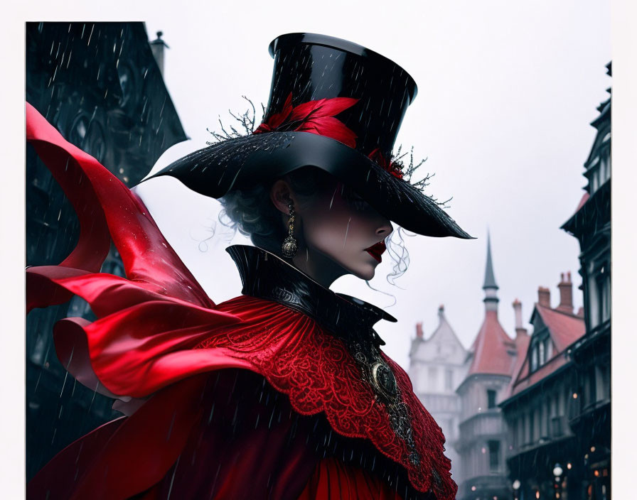 Victorian-style outfit with large black hat in rainy street