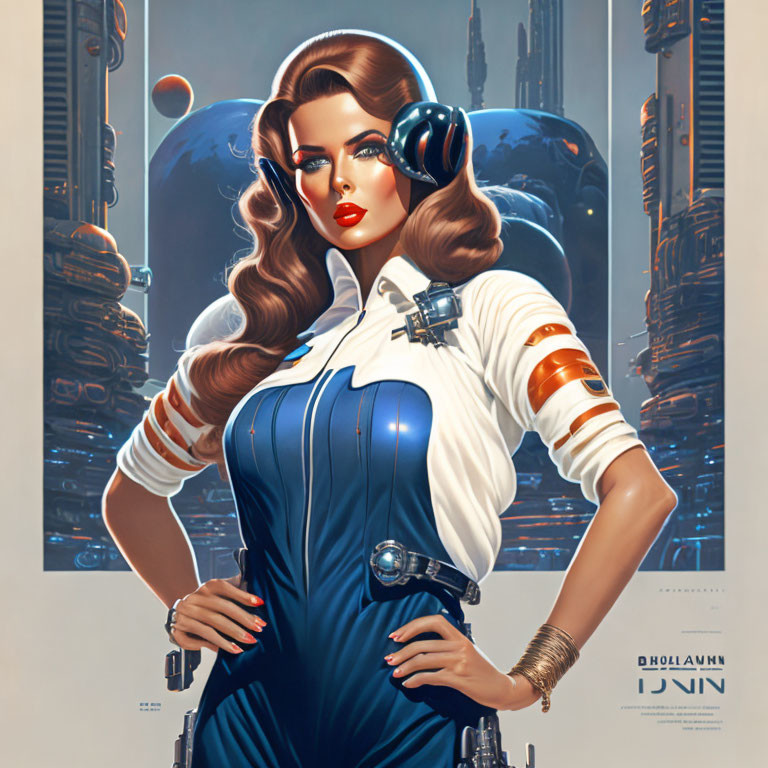 Futuristic woman with headphones in blue and white outfit amid sci-fi cityscape