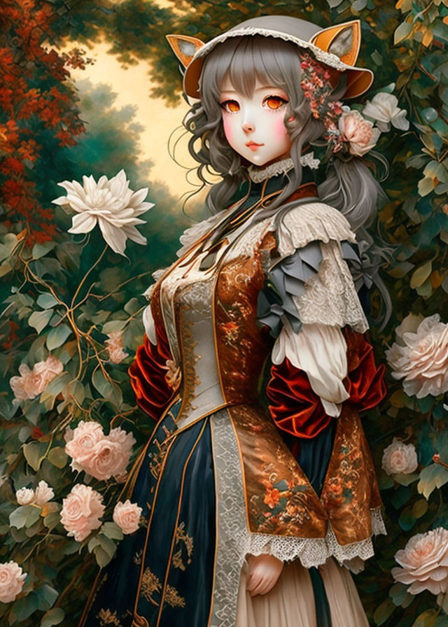 Illustrated female character with cat ears and golden eyes in vintage dress among blossoms