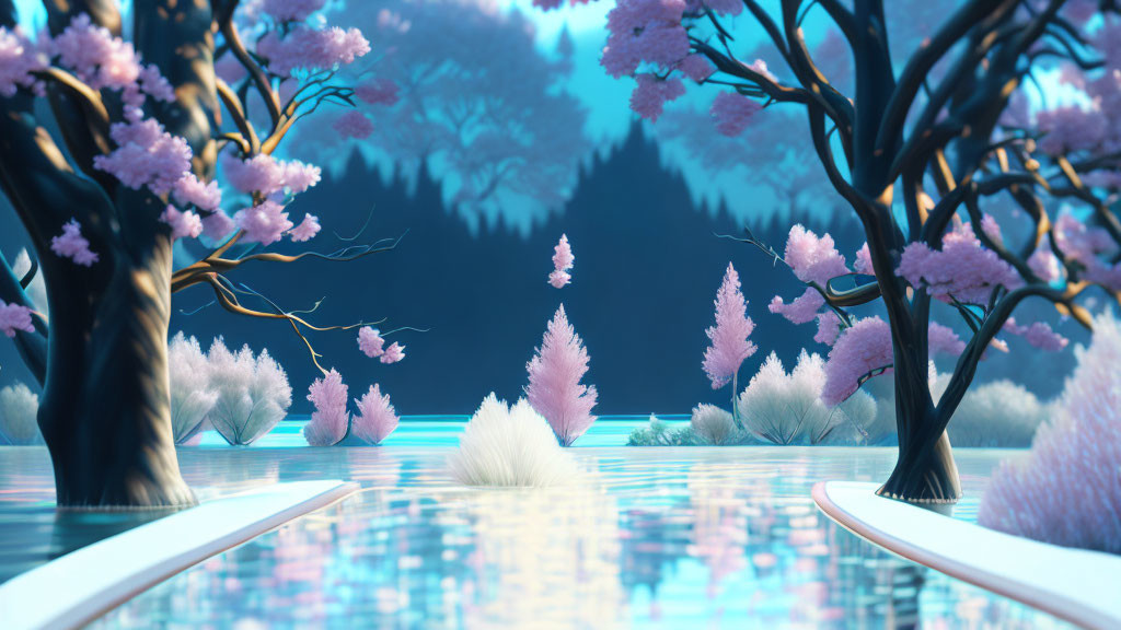 Tranquil landscape with pink cherry blossoms and reflective water