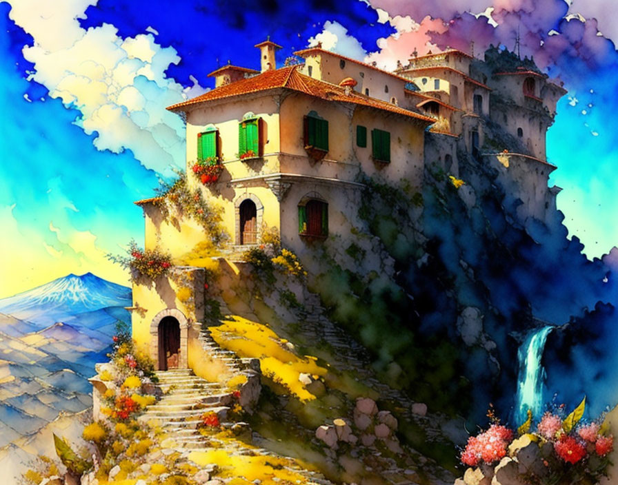 Colorful villa atop rocky hill with waterfall and flora under blue sky