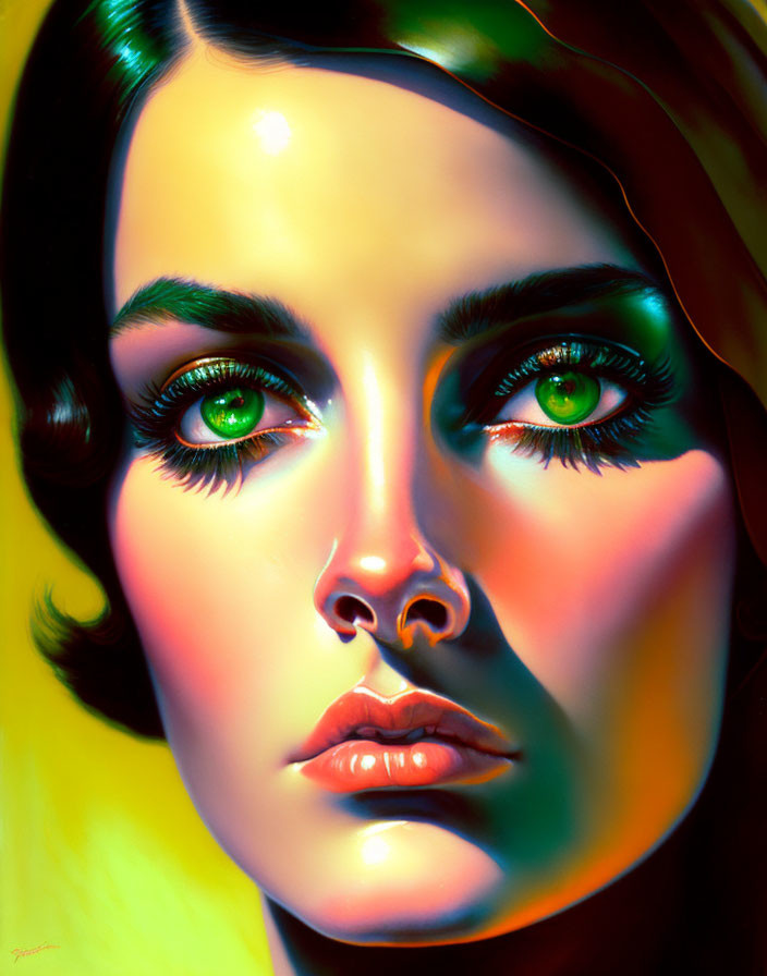 Hyperrealistic Painting of Woman with Green Eyes and Glossy Lips