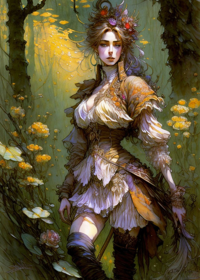 Ethereal woman in corseted dress among yellow flowers in forest