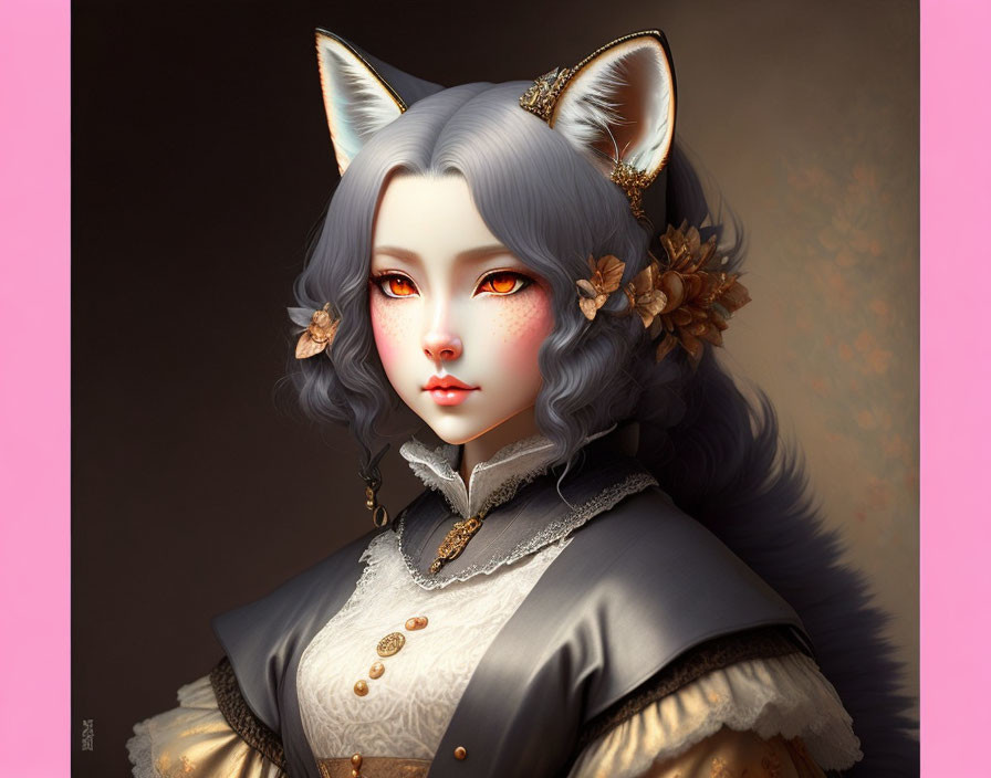 Anthropomorphic female character with fox ears in Victorian attire and golden flower adornments