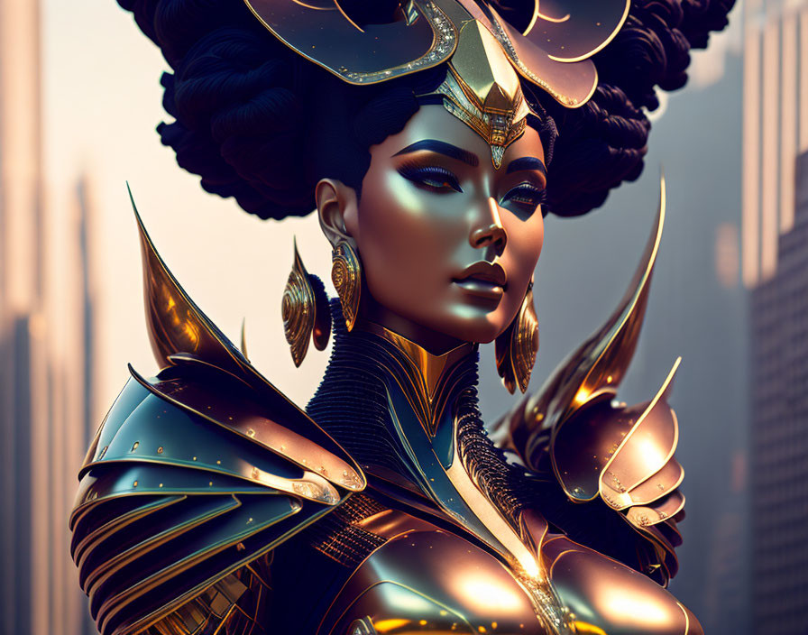 Elaborate gold and black armor on woman in cityscape setting