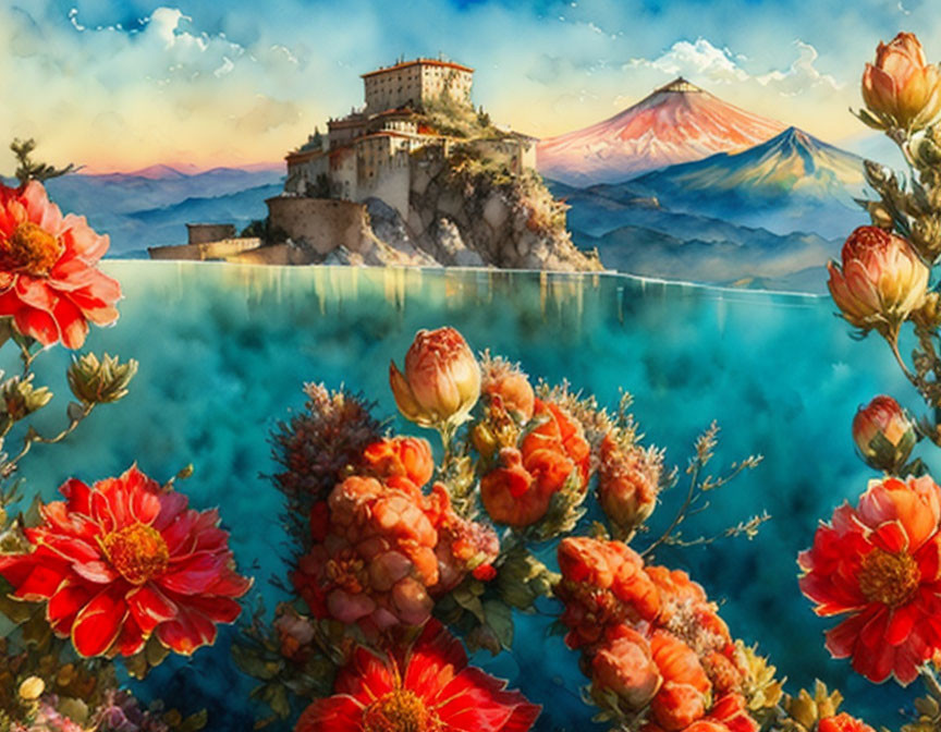 Scenic artwork of cliff-top castle, Mt. Fuji, lake, and colorful flowers