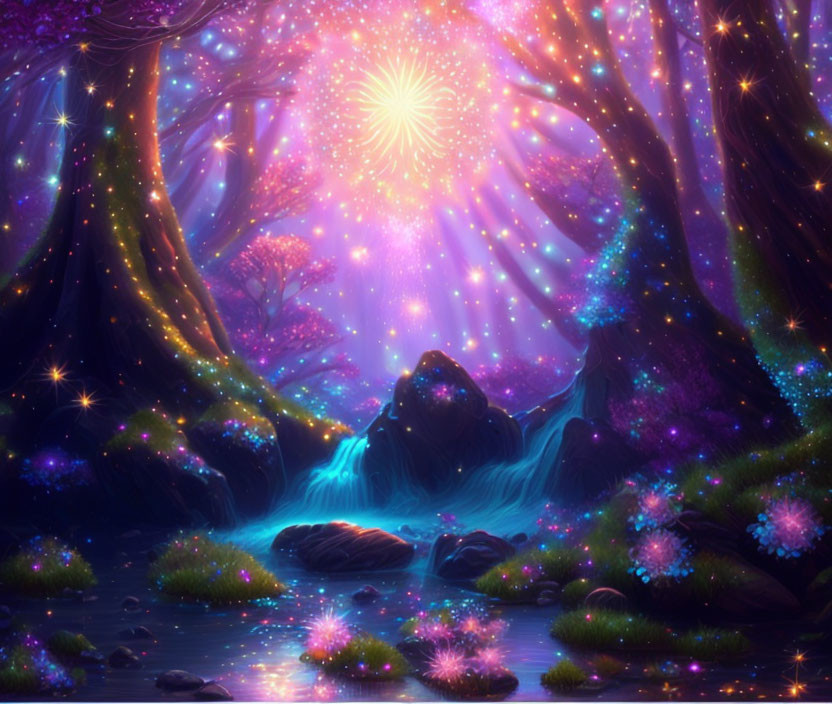 Fantasy forest with glowing flora, starlit sky, and tranquil stream