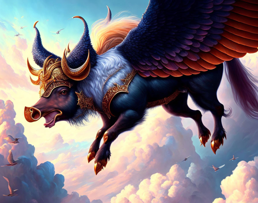 Winged boar creature in ornate armor soaring in colorful sky