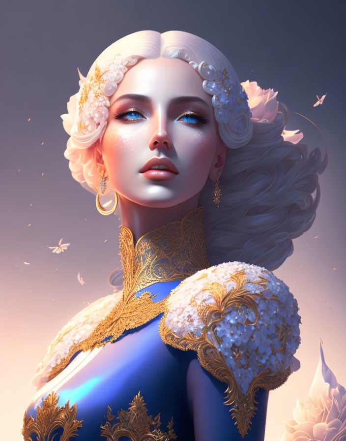 Digital illustration: Woman in ornate gold-trimmed attire with blue eyes and elaborate white hair adorned