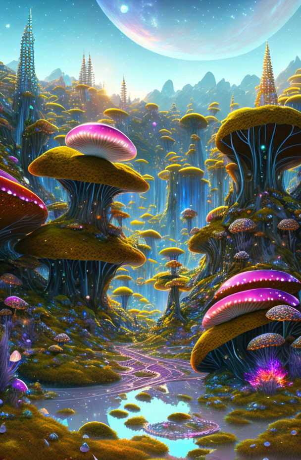 Vibrant starlit sky over towering bioluminescent mushroom structures