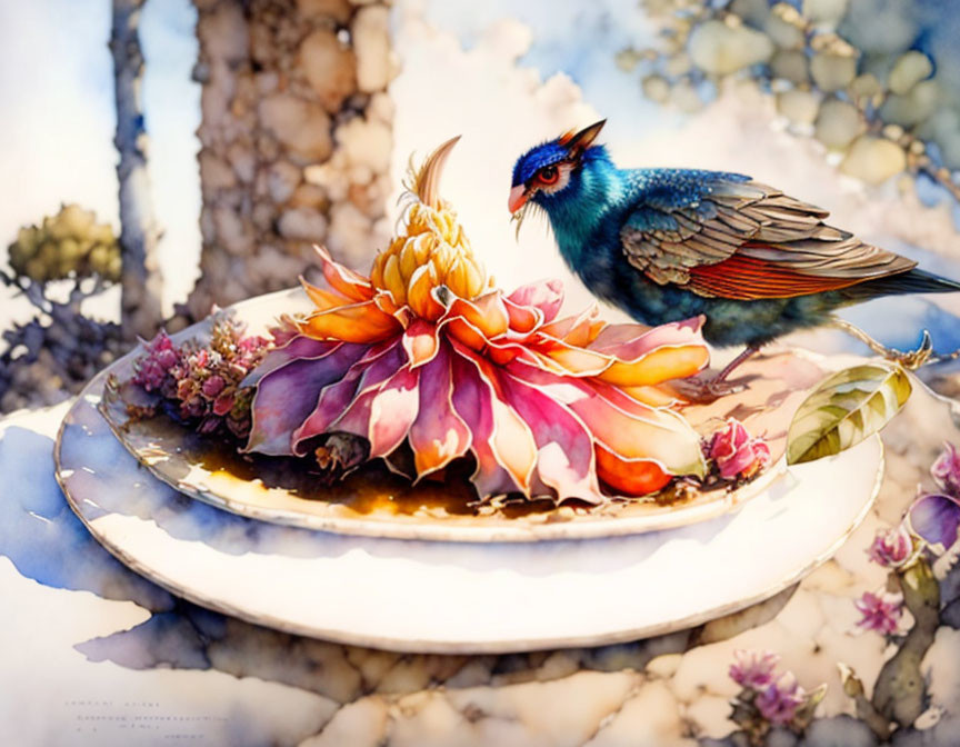 Colorful Crested Bird Examining Exotic Flower on Plate surrounded by Flora