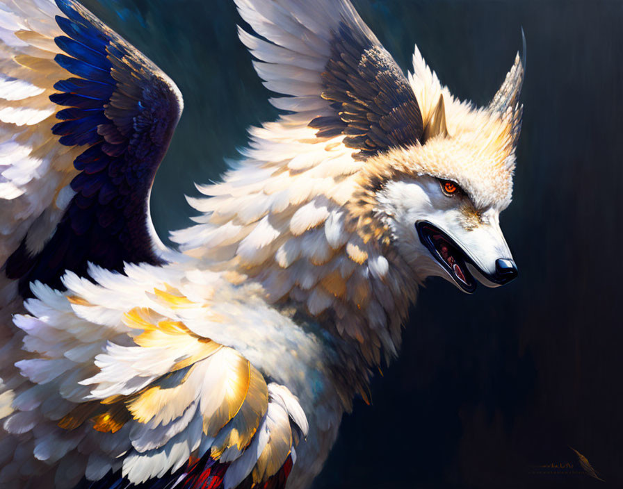 Mythical creature: Large bird body, golden and white wings, white wolf head