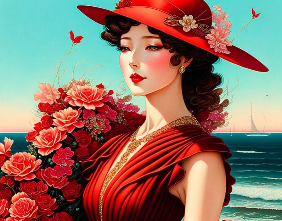 Stylish woman in red hat and dress with floral motif, ocean and yacht backdrop