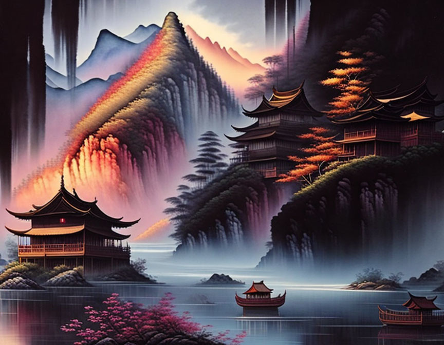 Traditional Asian pagodas in autumn landscape with misty lake, boats, and cascading waterfalls