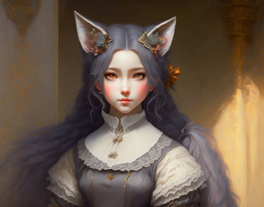 Illustration of female figure with feline ears, red eyes, blue hair, Victorian-style dress