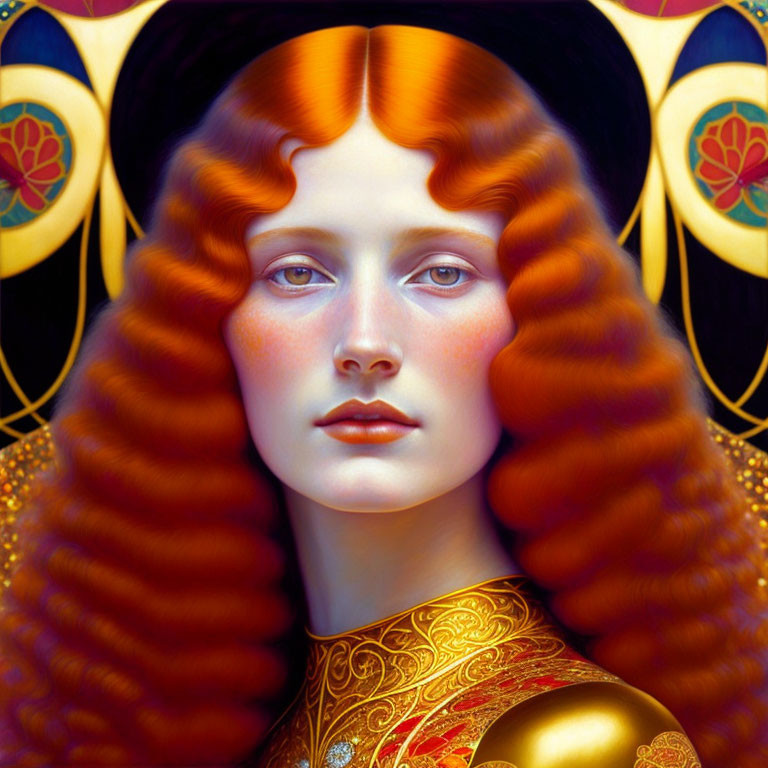 Art Nouveau portrait of woman with red hair in golden attire