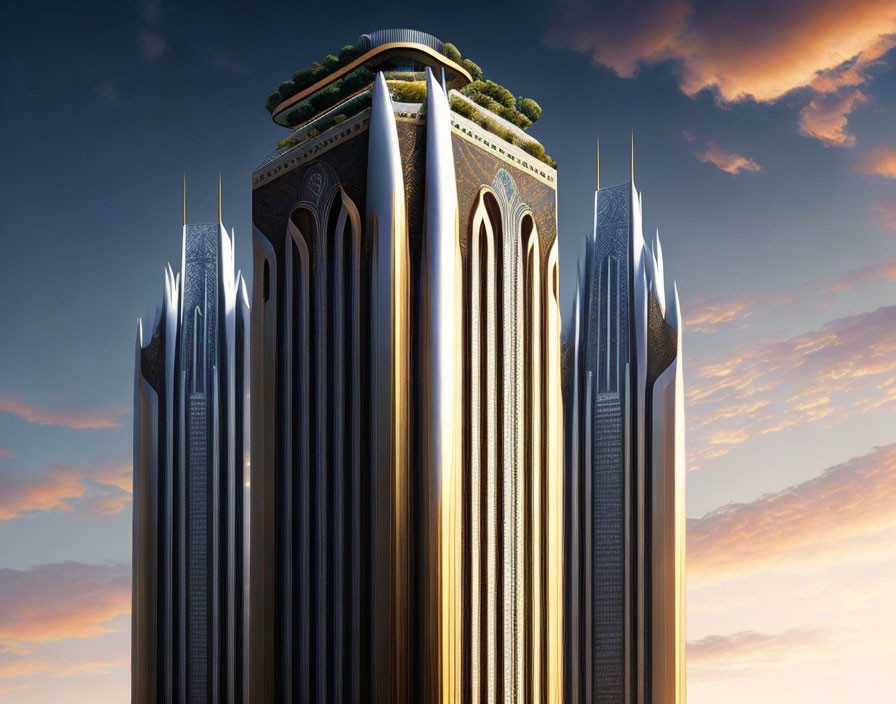 Ornate gold and bronze futuristic skyscraper at sunset