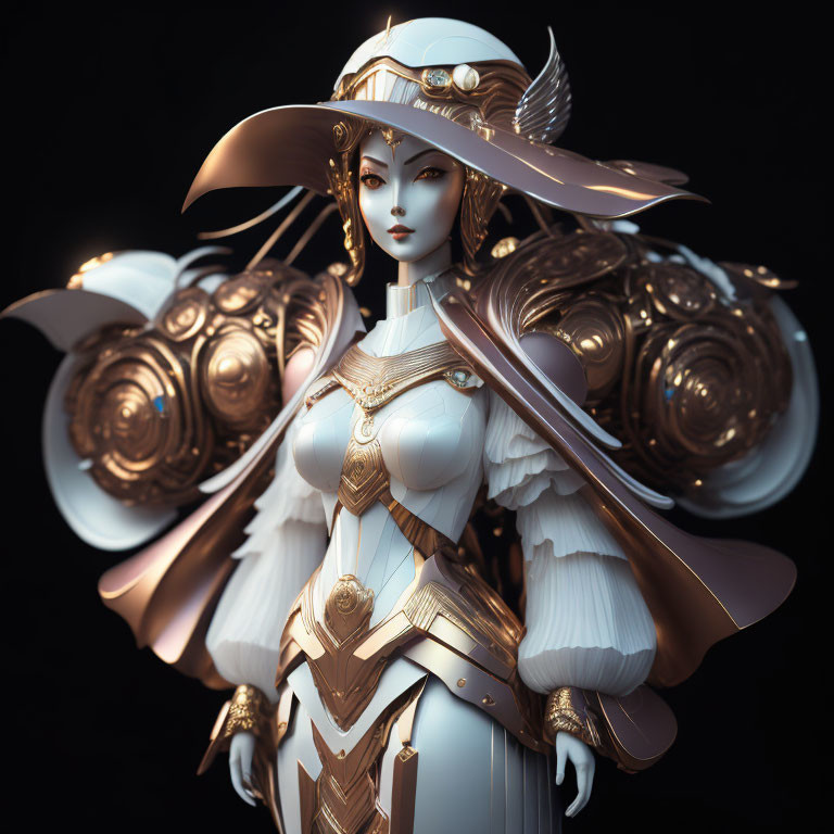 Female character in white & gold armor with mechanical wings on dark background