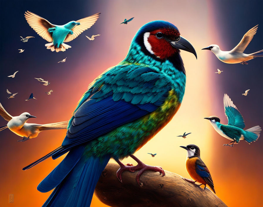 Colorful bird with blue feathers and red face perched on branch, surrounded by flying birds in orange