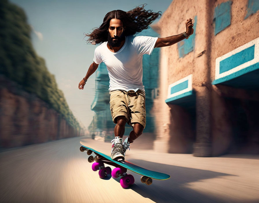 Long-haired skateboarder showcasing balance and movement on urban street in sunlight.