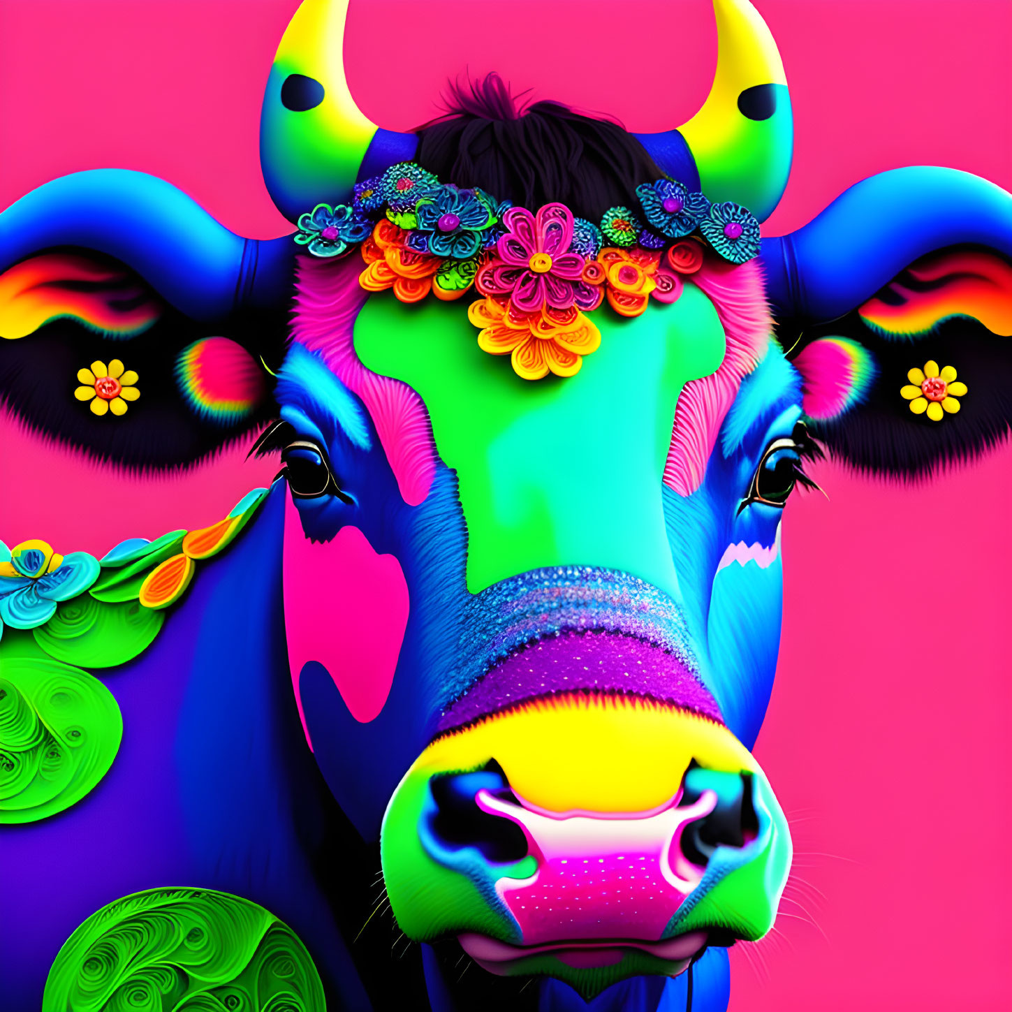 Colorful cow illustration with floral face on pink backdrop