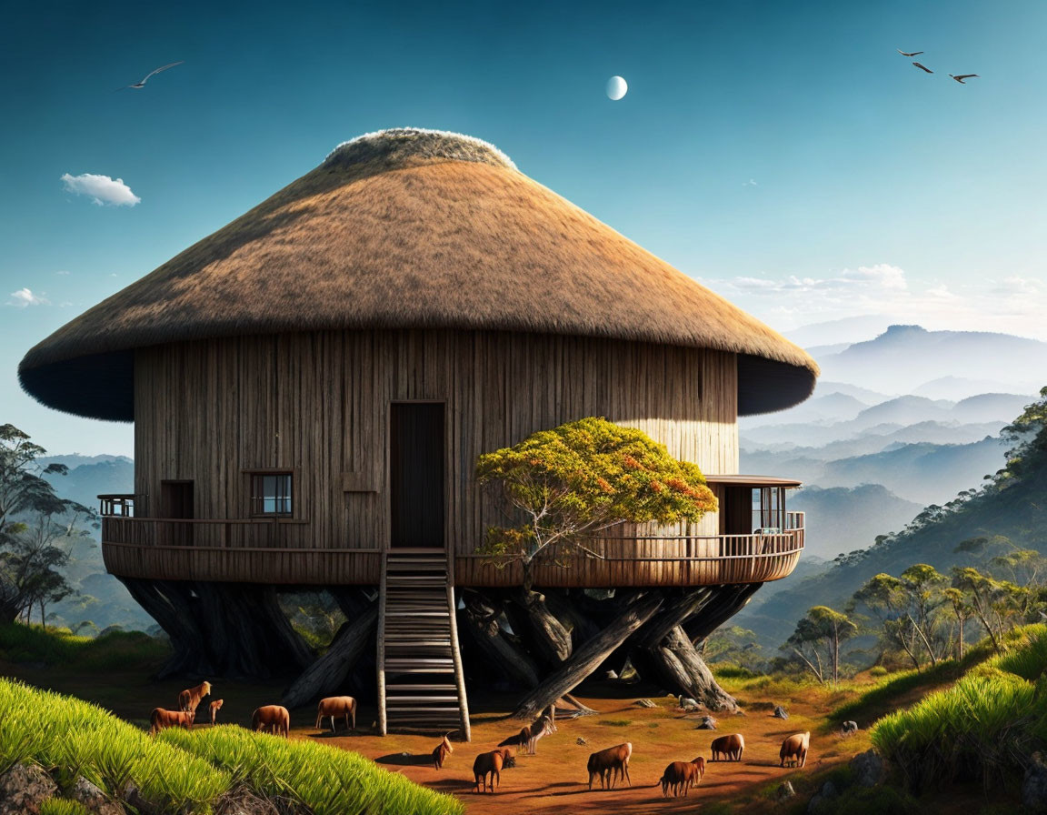 Mushroom-shaped house on tree roots in lush landscape with moon