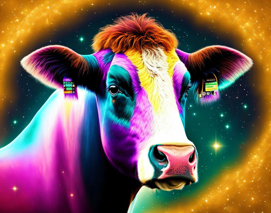 Vibrant cosmic cow art with neon colors & starry background