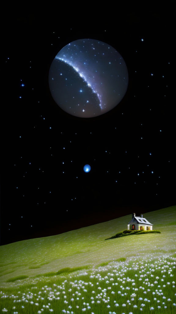 Starry night sky over lone house in white flower field