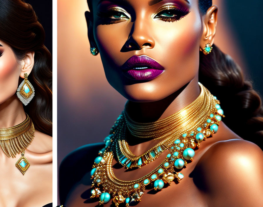 Woman with Striking Makeup and Gold Turquoise Jewelry: Luxury and Style