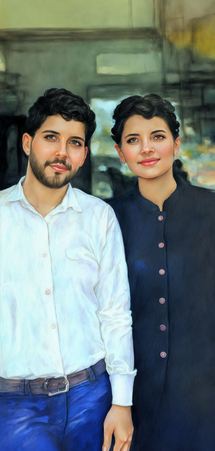 Smiling couple in white shirt and black outfit pose together