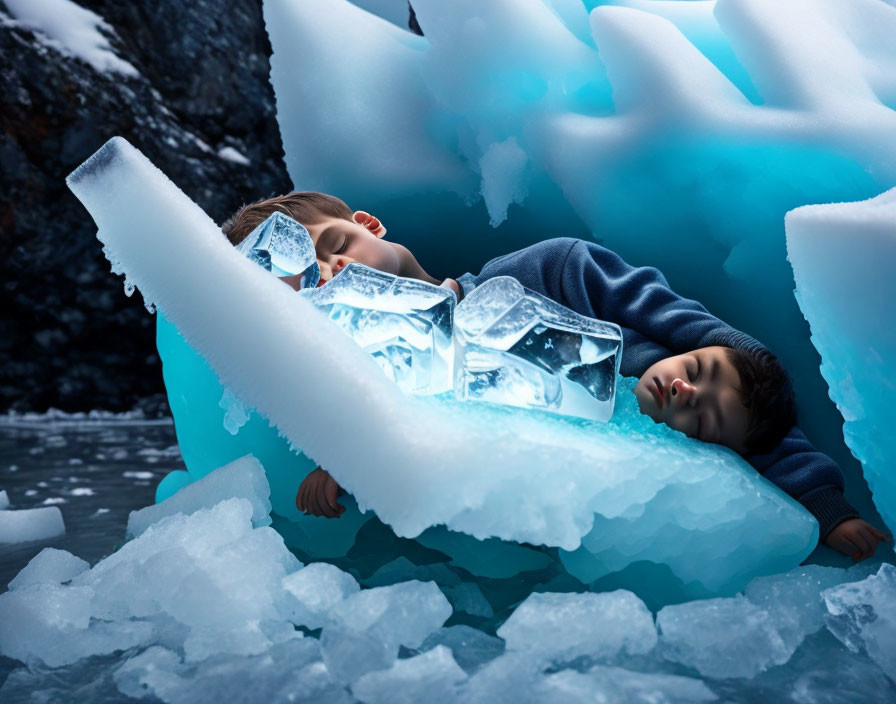 Children Pretending to Sleep on Ice Formation in Icy Blue Surroundings