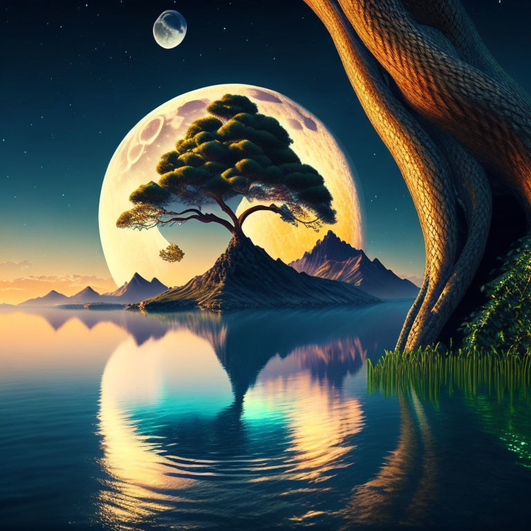 Surreal landscape with large moon, lone tree, calm waters, twilight sky