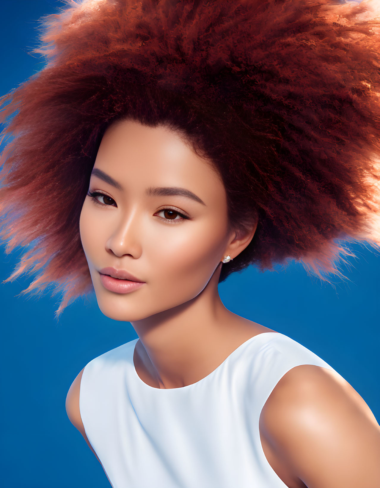 Curly Red-Haired Woman in White Top on Blue Background