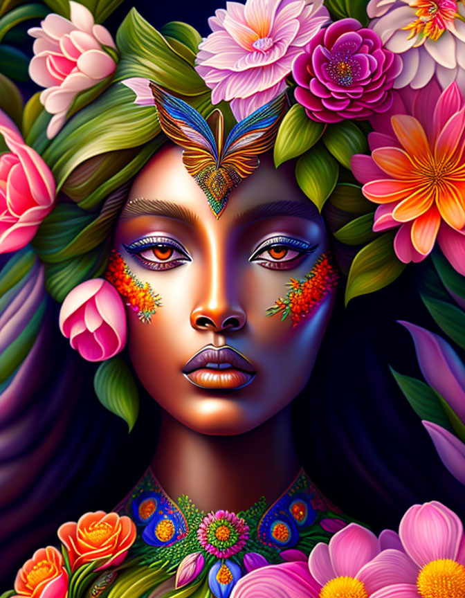 Colorful Woman with Floral Adornments in Serene Setting