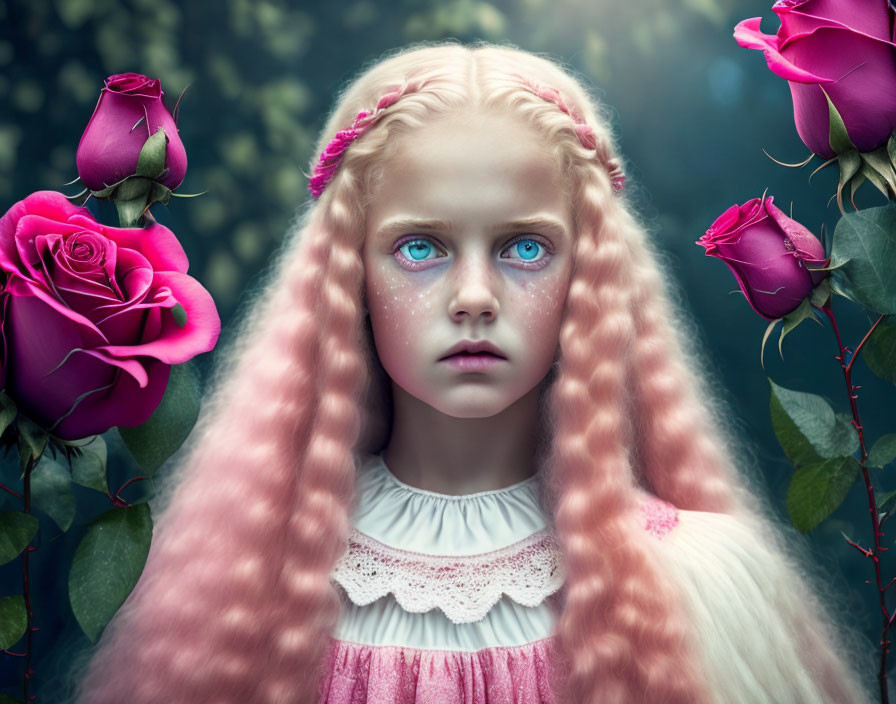 Pale-skinned girl with blue eyes and pink braids among pink roses on misty blue backdrop