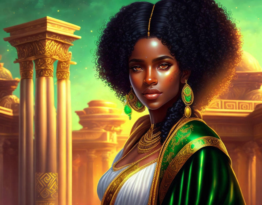 Detailed illustration of woman with full lips and strong gaze in gold jewelry and green outfit against classical pillars.