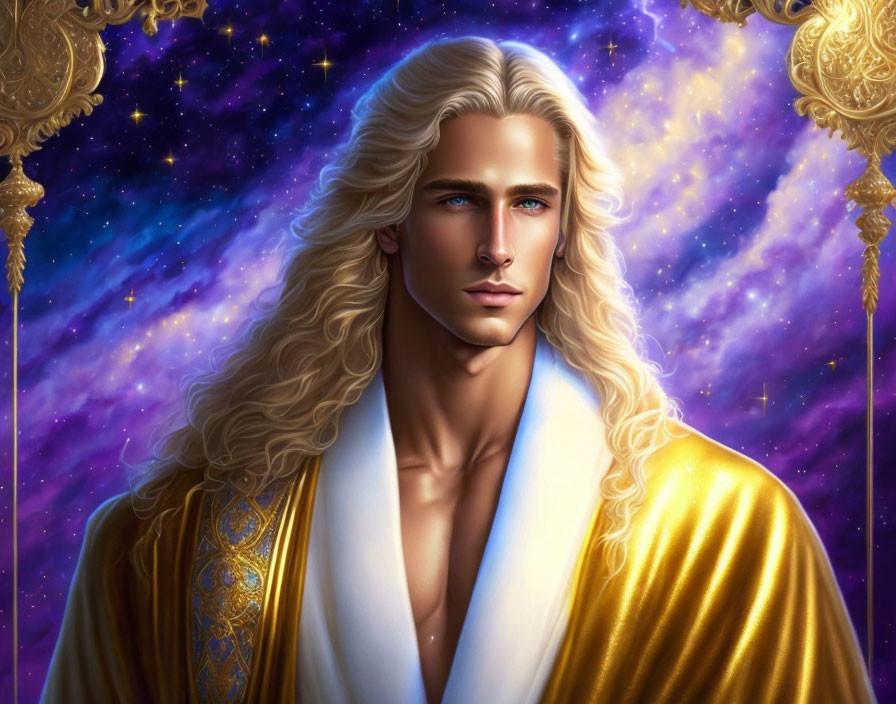 Ethereal male figure with long blond hair in golden robe on starry background