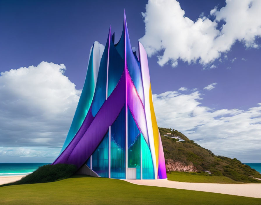 Modern colorful building with peak-like structures on green hillside by beach and blue sky.