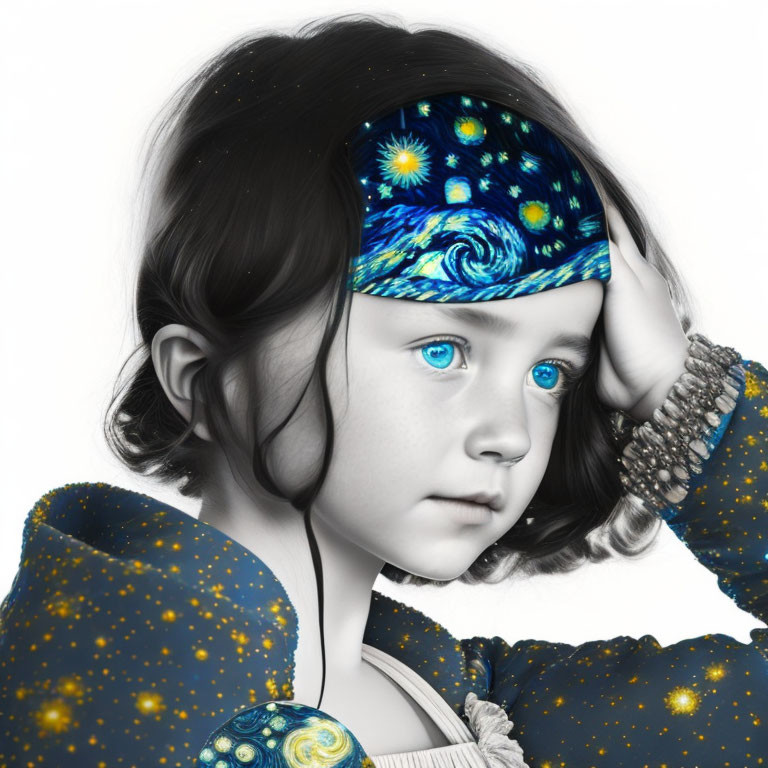 Child with Blue Eyes in Cosmic Outfit and Starry Headband on Monochrome Background