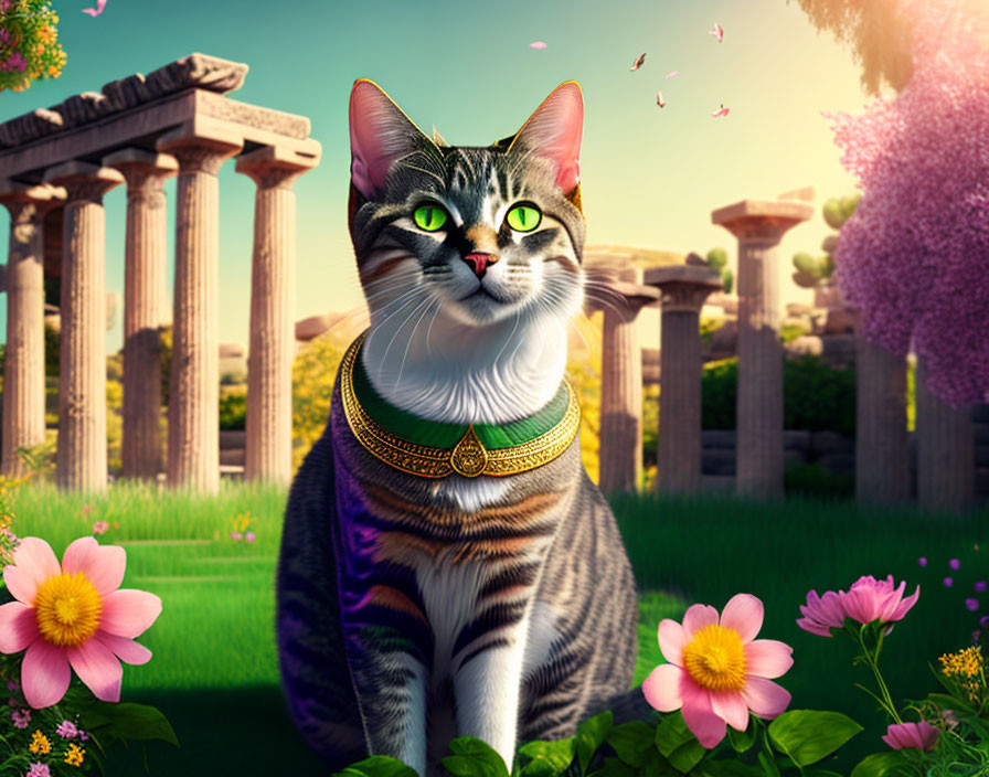 Tabby cat with collar in vibrant garden with Greek columns and butterflies